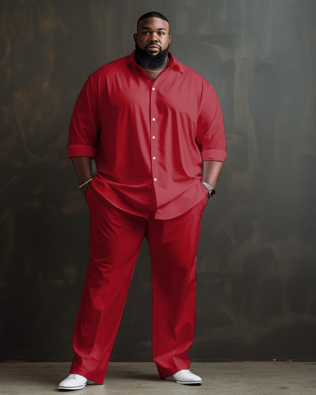 Men's Plus Size Solid Color Long Sleeve Lapel Long Shirt And Pants Set