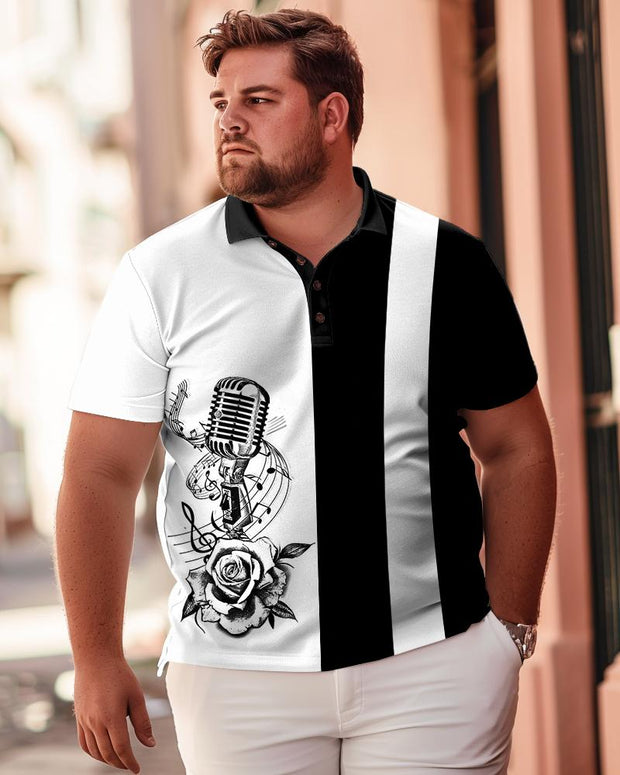 Microphone Rose Print POLO Large Men's Short Sleeve T-Shirt