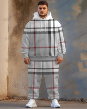 Men's Street Fashion Versatile Classic Grey Plaid Print Plus Size Hoodie Suit