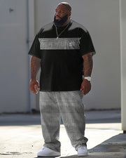 Men's Large Simple Plaid Patchwork Printed T-Shirt Pants Suit