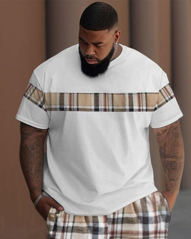 Men's Large Casual Colorblock English Printed T-Shirt Pants Suit