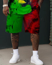 Men's Large Size Street Cartoon Color Block Red And Green Lion Graffiti Short-Sleeved Shorts Suit