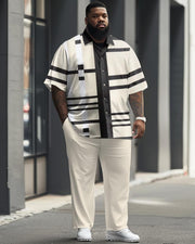 Men's Plus Size Business Casual Color Block Printed Short Sleeve Shirt Trousers Suit