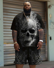 Men's Plus Size Casual Smoke Skull Print T-Shirt Shorts Suit