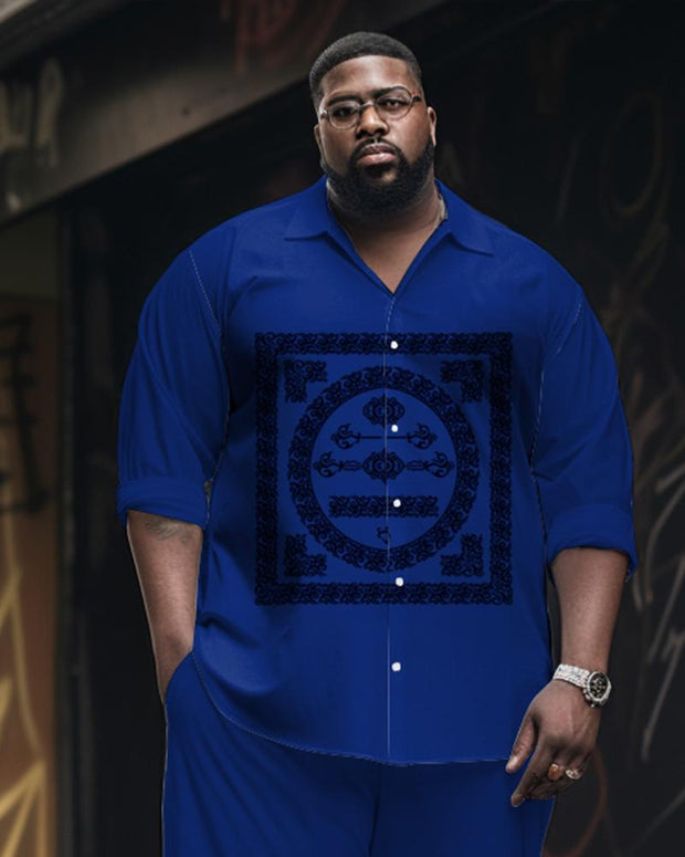 Men's Plus Size Same Color Retro Square Pattern Long Sleeve Lapel Shirt 2-piece Set