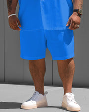 Men's Plus Size Simple Blue Solid Color Short Sleeve Shirt Shorts Suit