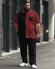 Men's Plus Size Simple Plaid Patchwork Printed Short-sleeved Shirt Suit