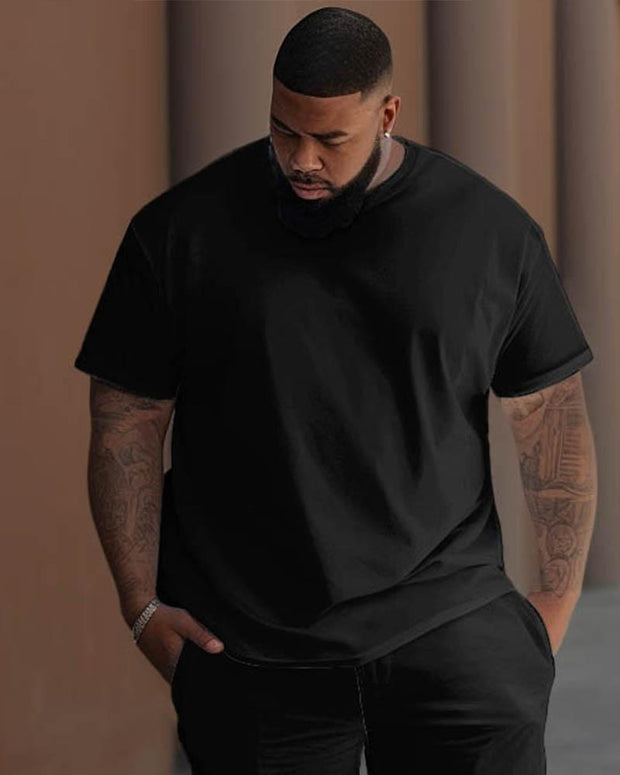 Men's Large Daily Black Solid Color T-Shirt Trousers Suit