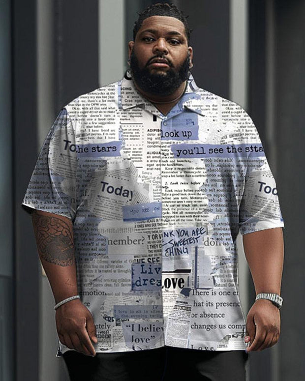 Men's Plus Size Business Simple Irregular Newspaper Geometric Print Short Sleeve Shirt Suit