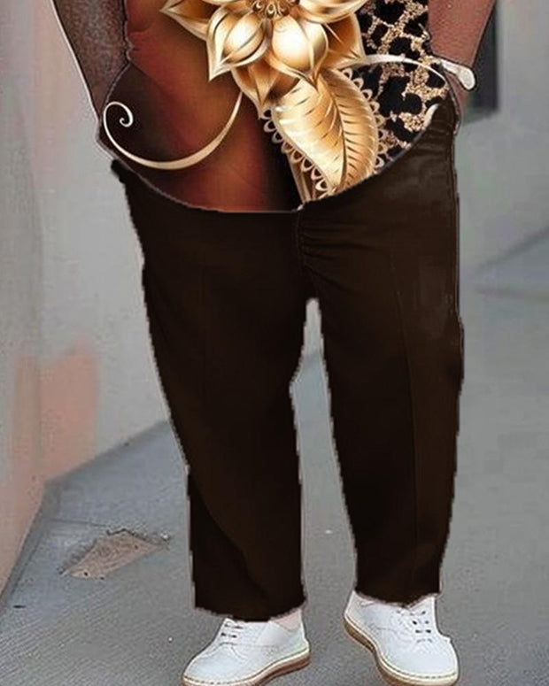 Leopard-print Color Contrast Plus-size Men's Short-sleeved Shirt and Pants Suit