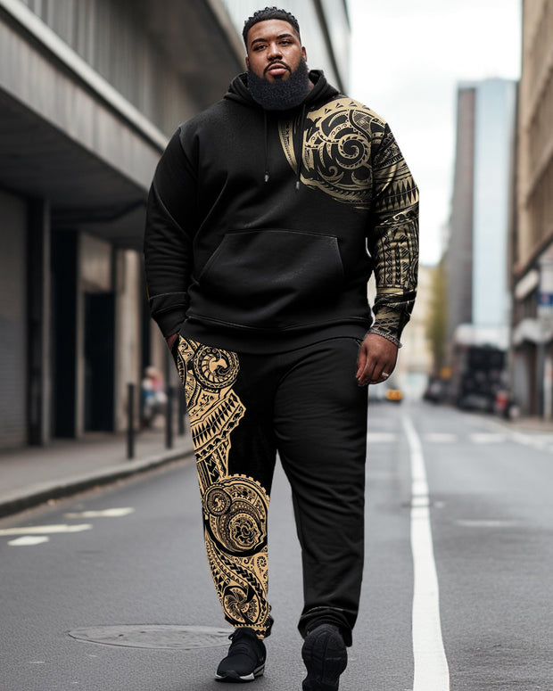 Men's Plus Size Gold Polynesian Unisex Hoodie Set