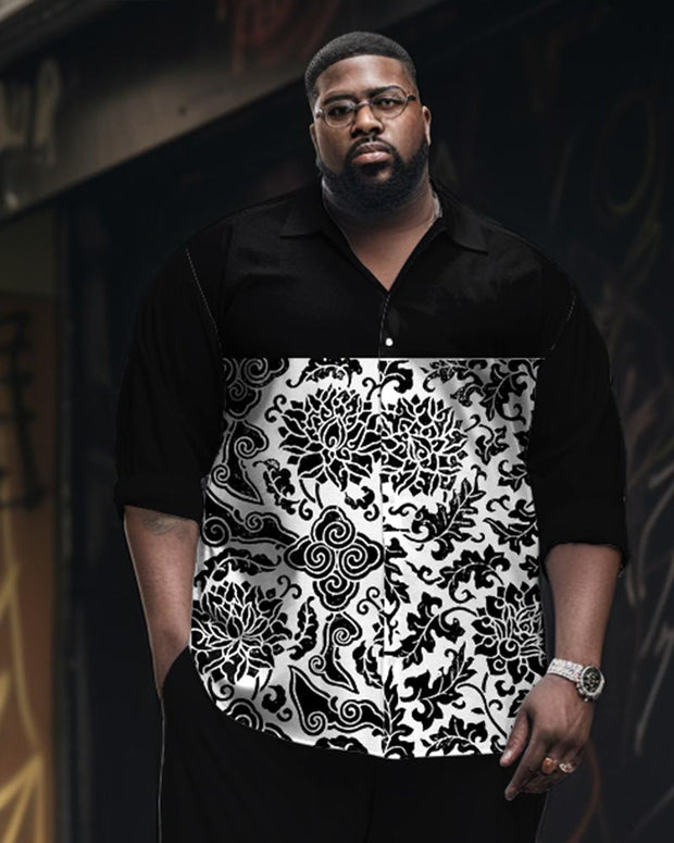 Men's Plus Size Patchwork Pattern Printed Long-sleeved Lasel Shirt 2-piece Set