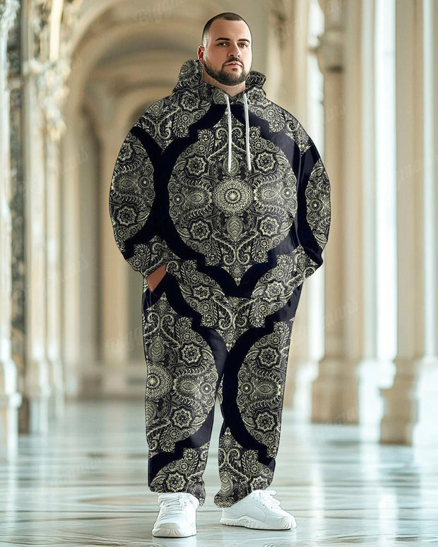 Men's Classical Retro Large Pattern Black Plus Size Hoodie Suit