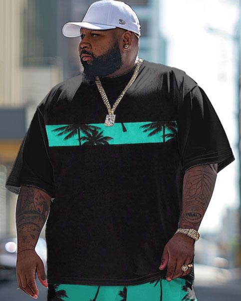 Men's Plus Size Hawaiian Patchwork Palm Leaf Print T-Shirt Pants Suit