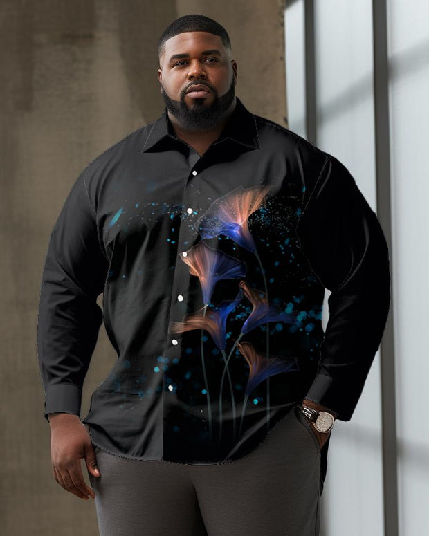 Men's Plus Size Abstract Flower Pattern Lapel Casual Long Sleeve Shirt
