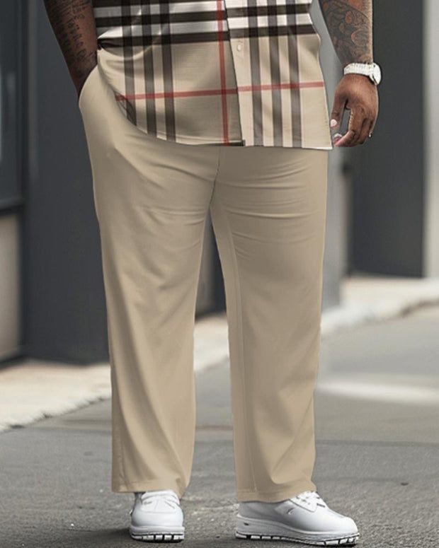 Men's Plus Size Business Classic Check Short Sleeve Shirt Trousers Suit