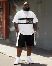 Men's Plus Size Leopard Patchwork Print T-Shirt Shorts Suit