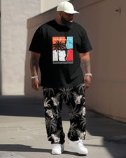 Men's Plus Size Hawaiian Graffiti Coconut Tree Print T-Shirt Pants Suit