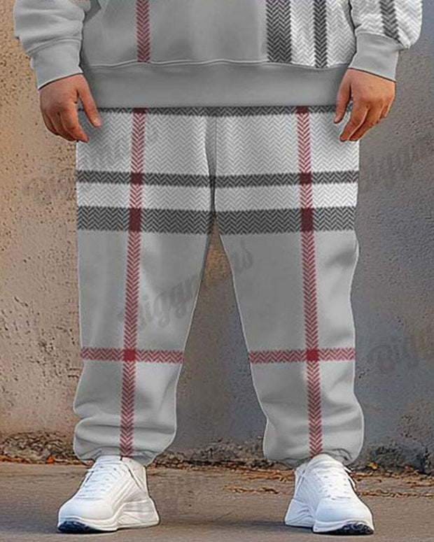 Men's Street Fashion Versatile Classic Grey Plaid Print Plus Size Hoodie Suit