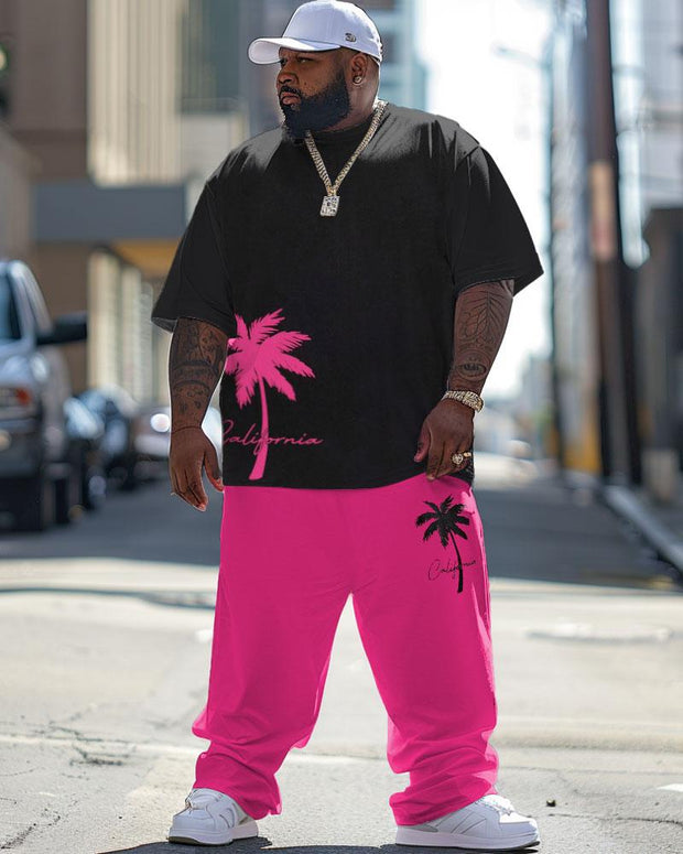Men's Plus Size Hawaiian Pink Coconut Tree Print T-Shirt Pants Suit