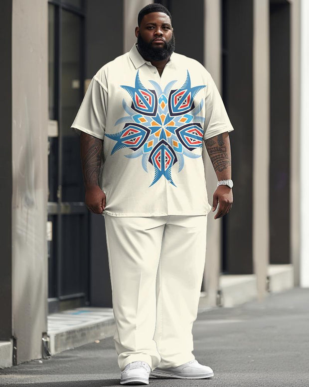Men's Plus Size Business Geometric Flower Print Short Sleeve Shirt Suit