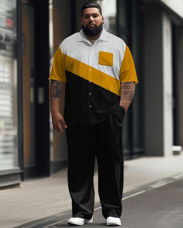 Men's Plus Size Simple Color Matching Printing Pocket Short Sleeve Shirt Suit