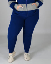 Women's Plus Size Blue Striped Zipper Hoodie Set