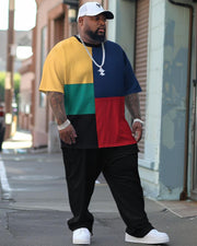 Men's Large Casual Colorblock Printed T-shirt Trousers Suit