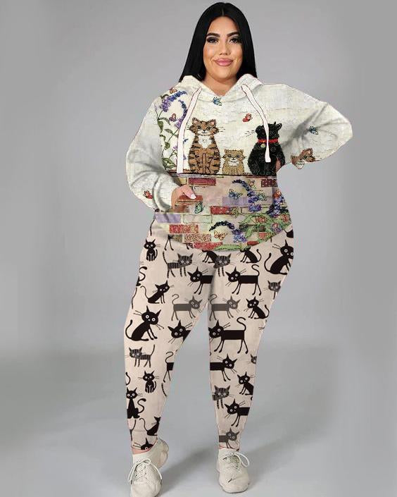 Women's Plus Size Wall Cat Oil Painting Hoodie Set