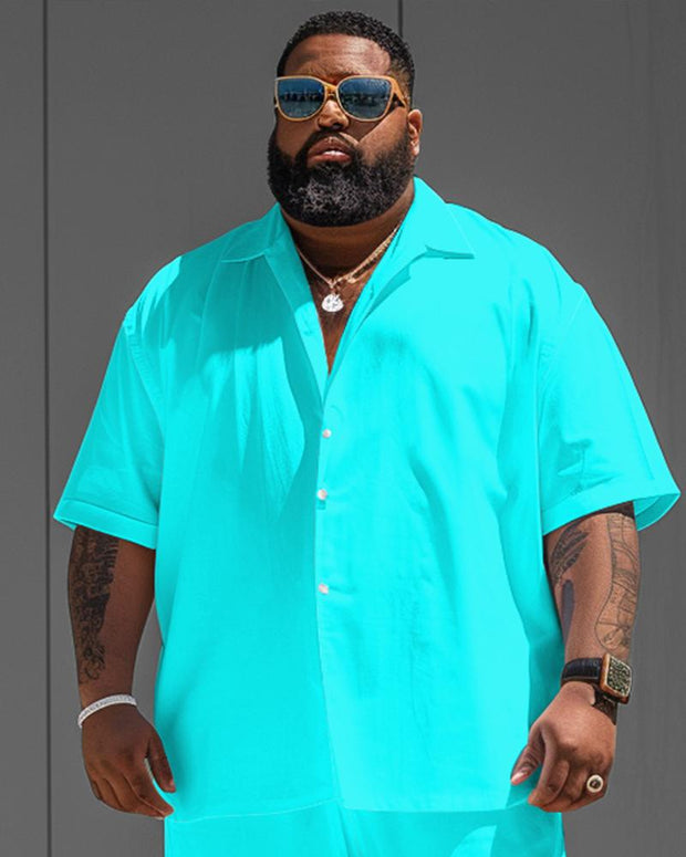 Men's Plus Size Fluorescent Aqua Blue Solid Color Short Sleeve Shirt Shorts Suit
