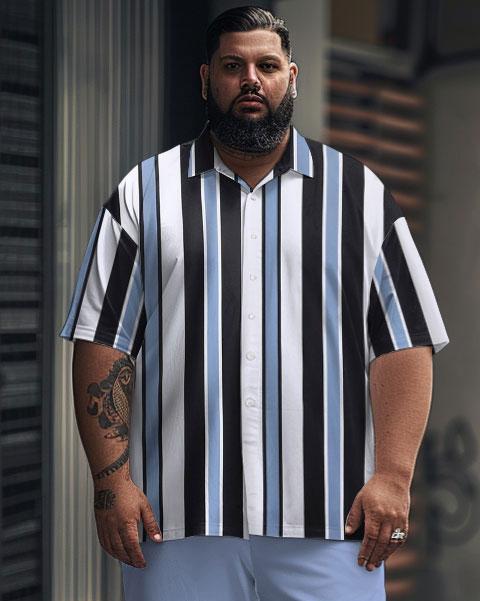 Men's Plus Size Simple Contrast Stripe Print Short Sleeve Shirt Suit