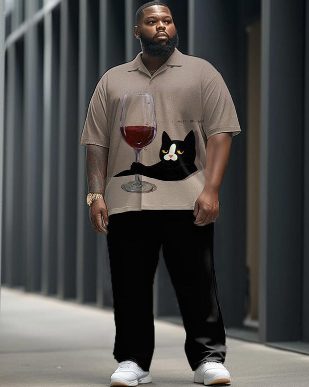 Red Wine Glass Black Cat Print Short-sleeved Shirt and Trousers Men's Plus-size Suit
