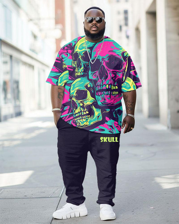 Men's Plus Size Street Fashion Abstract Graffiti Skull Print T-Shirt Trousers Suit
