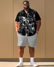 Colorblock Personalized Skull Print Short Sleeve Shirt Large Size Men's Suit