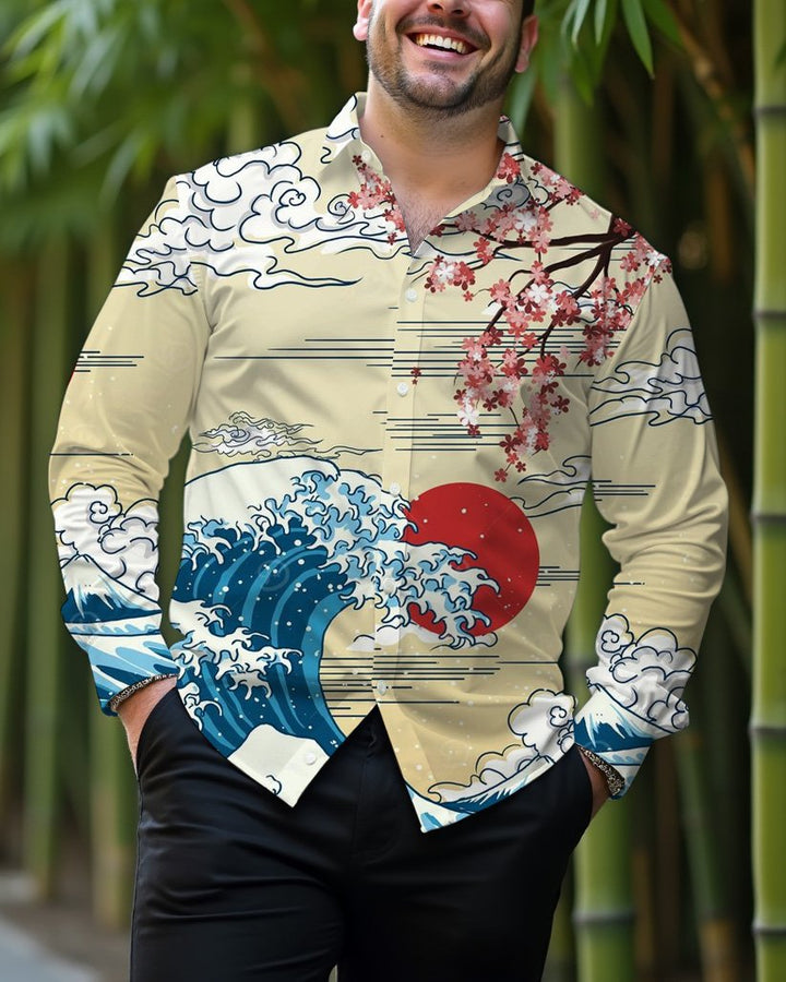 Cherry Blossom Men's Plus Size Cotton Long Sleeve Lapel Shirt