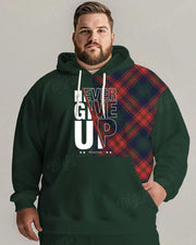 Men's Daily Casual All-Match Green Plaid Letter Print Plus Size Hoodie Suit