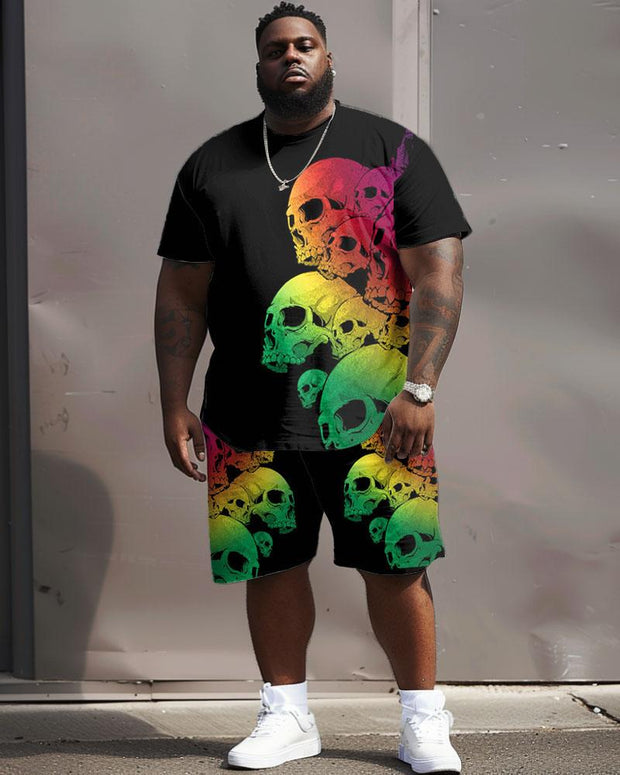 Men's Plus Size Street Casual Colorful Gradient Skull Print T-Shirt Shorts Suit