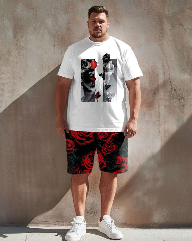 Men's Plus Size Street Casual Art David Rose Print T-Shirt Shorts Suit