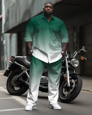 Simple Green Gradient Long-sleeved Lapel Shirt 2-piece Set Men's Plus Size