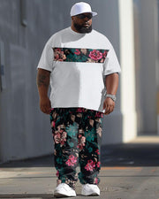 Men's Large Casual Floral Colorblock Printed T-shirt Trousers Suit