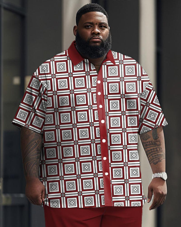 Men's Plus Size Business Casual Square Continuous Pattern Printed Short Sleeve Shirt Trousers Suit