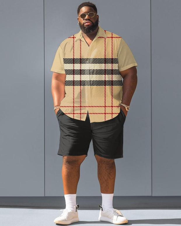 Men's Plus Size Classic Plaid Print Short Sleeve Shirt Shorts Suit