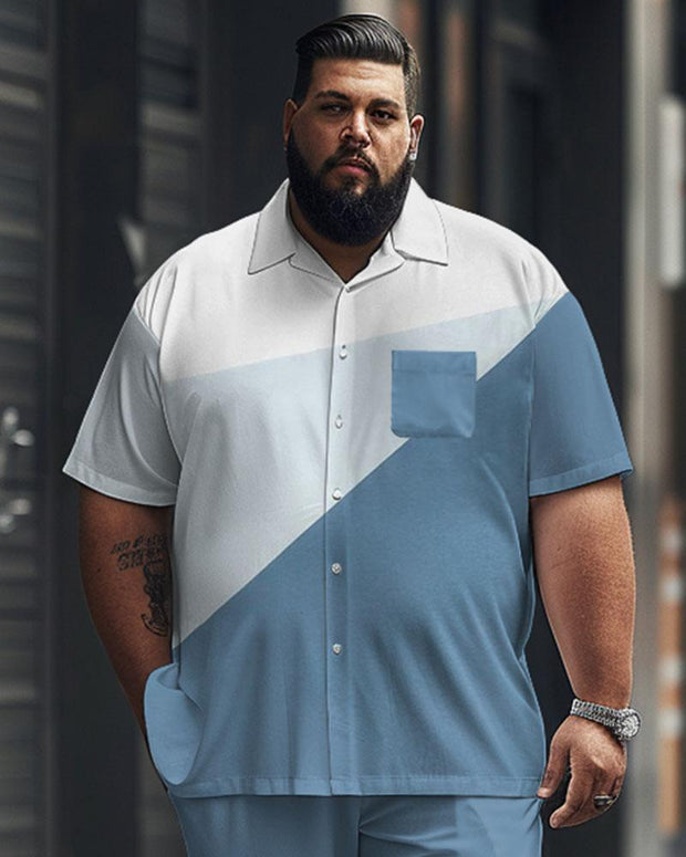 Men's Plus Size Simple Color Block Printed Pocket Short Sleeve Shirt Suit