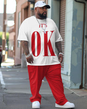 Men's Large Street Casual OK Alphabet Print T-Shirt Trousers Suit