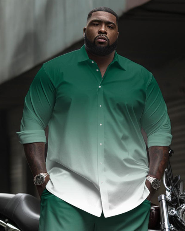 Simple Green Gradient Long-sleeved Lapel Shirt 2-piece Set Men's Plus Size