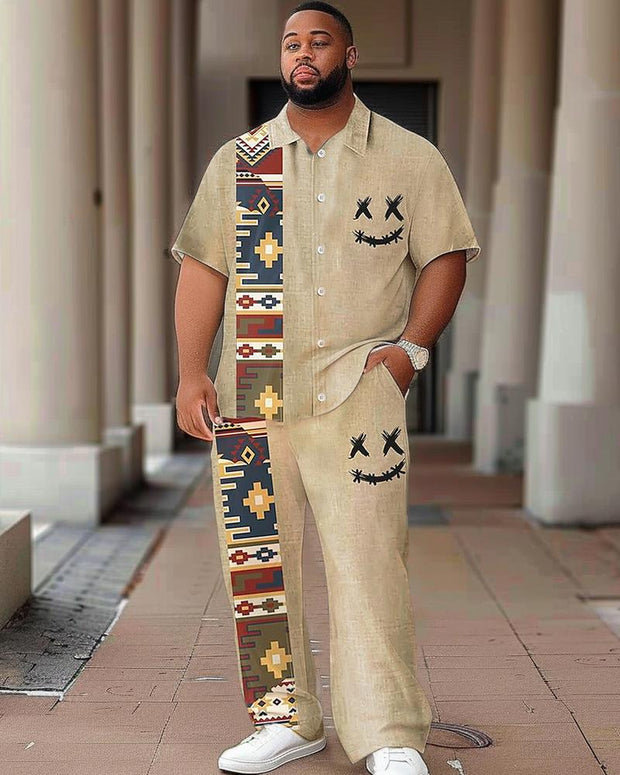 Ethnic Style Smiley Printed Short-sleeved Shirt Plus-size Men's Suit