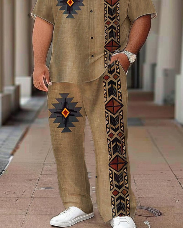 Ethnic Style Vintage Printed Short-sleeved Shirt Plus-size Men's Suit