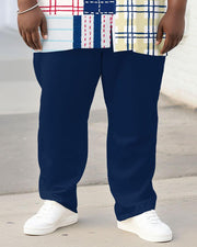 Men's Plus Size Street Fashion Irregular Stitching Geometric Print Short Sleeve Shirt Trousers Suit