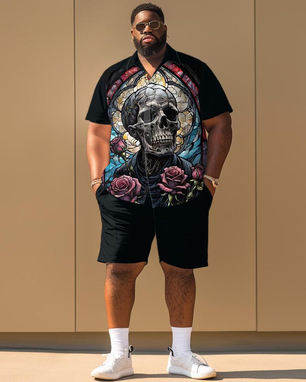 Skull Glass Retro Short Sleeve Shirt Large Size Men's Suit