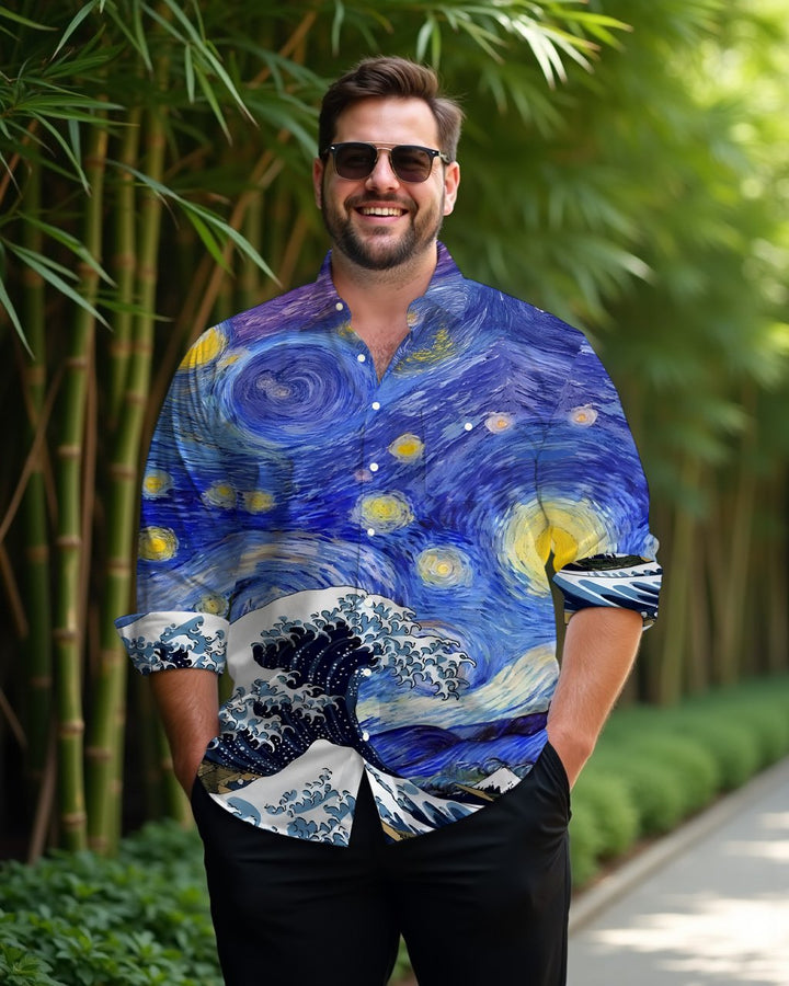 Van Gogh Sunflower-Men's Plus Size Cotton Long Sleeve Lapel Shirt